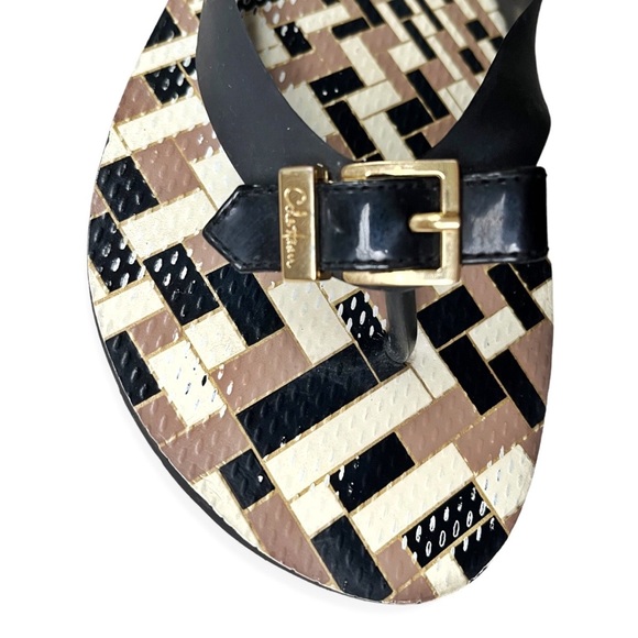 Cole Haan Brown/Tan/Black Patterned Flip Flops w/Signature Bow, sz 8 - Picture 3 of 10